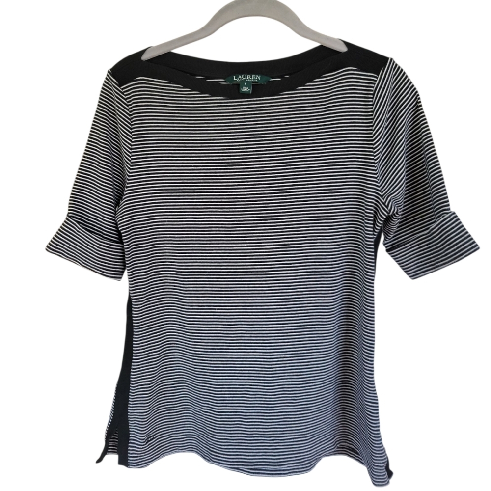 Lauren Ralph Lauren L Black White Breton Stripe Boatneck Top Coastal Prep